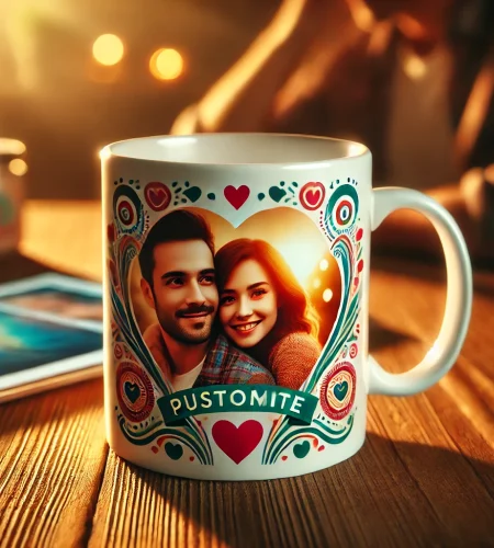 DALL·E 2024-12-14 10.41.50 - A close-up view of a beautifully printed ceramic mug placed on a wooden table. The mug features a vibrant, customized photo print of a couple smiling,