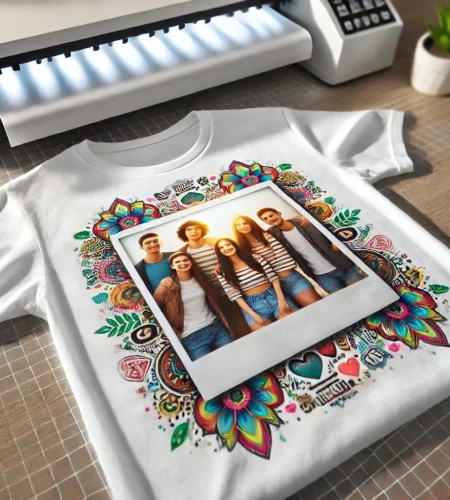DALL·E 2024-12-14 10.42.37 - A close-up view of a customized printed t-shirt displayed on a table. The t-shirt is white, featuring a vibrant and high-quality photo print of a grou
